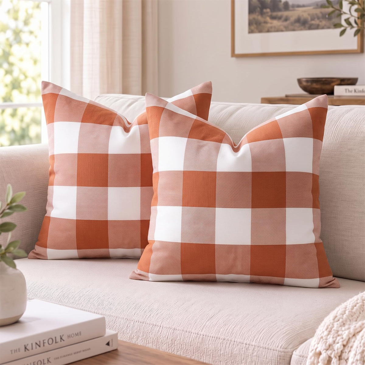 Yarn-Dyed Gingham Pillow Covers - Rust Orange Checkered