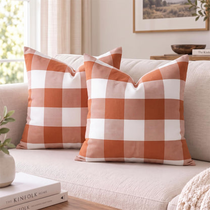 Yarn-Dyed Gingham Pillow Covers - Rust Orange Checkered
