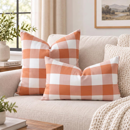 Yarn-Dyed Gingham Pillow Covers - Rust Orange Checkered