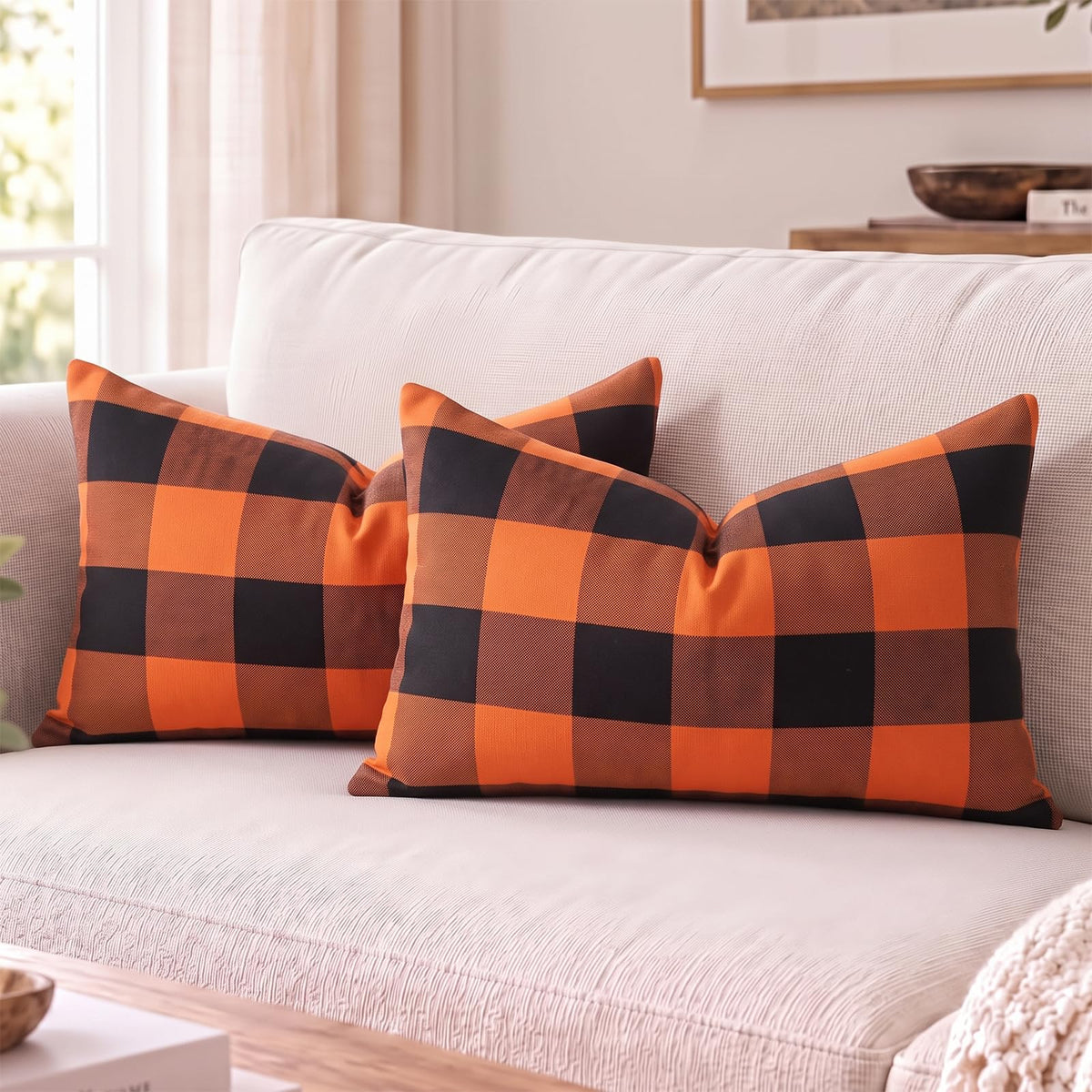 Yarn-Dyed Gingham Pillow Covers - Orange Black Checkered