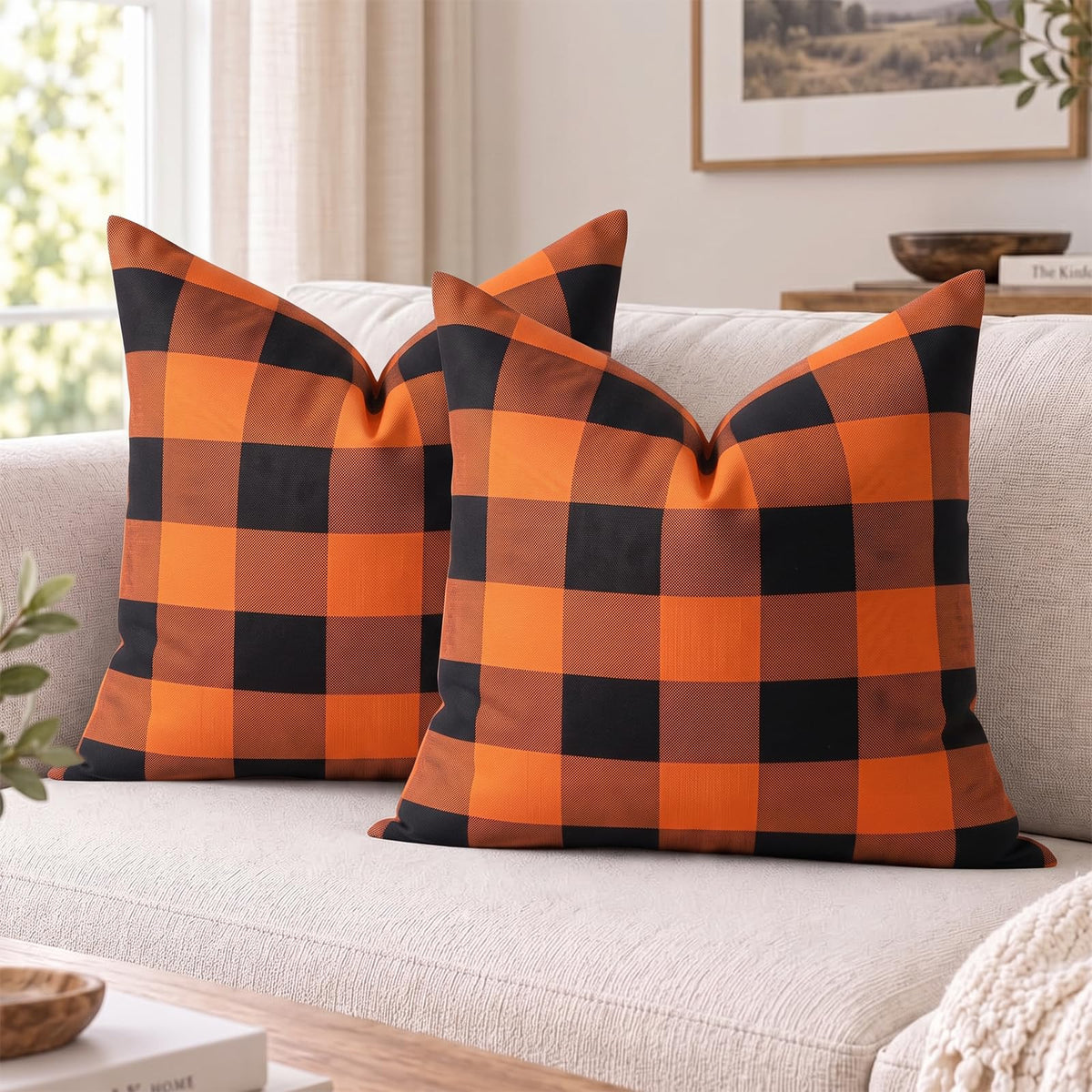 Yarn-Dyed Gingham Pillow Covers - Orange Black Checkered