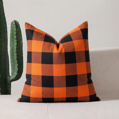 Yarn-Dyed Gingham Pillow Covers - Orange Black Checkered