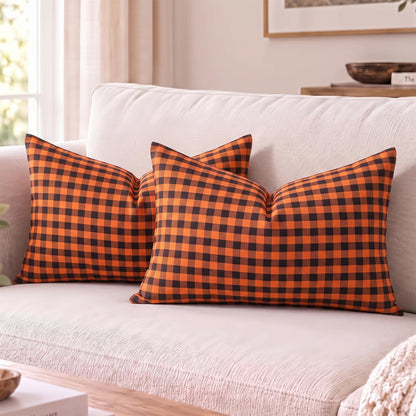 Yarn-Dyed Gingham Pillow Covers - Orange Black Gingham