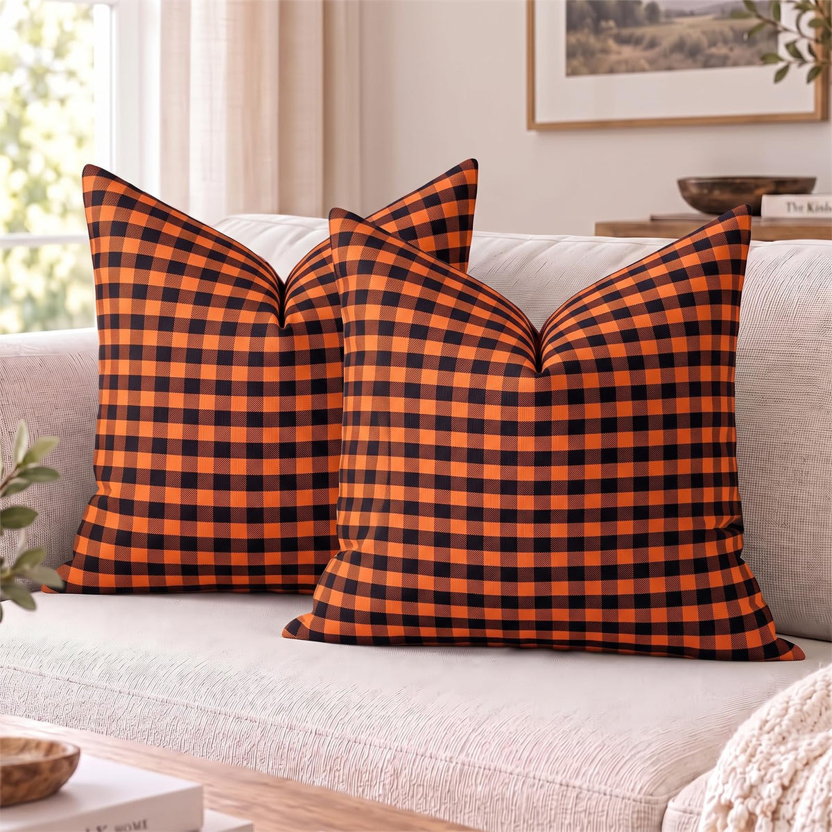 Yarn-Dyed Gingham Pillow Covers - Orange Black Gingham