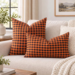 Yarn-Dyed Gingham Pillow Covers - Orange Black Gingham