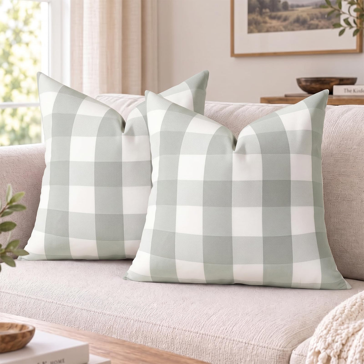 Yarn-Dyed Gingham Pillow Covers - Sage Green Checkered
