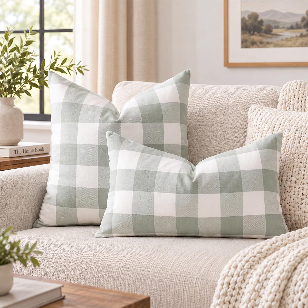 Yarn-Dyed Gingham Pillow Covers - Sage Green Checkered