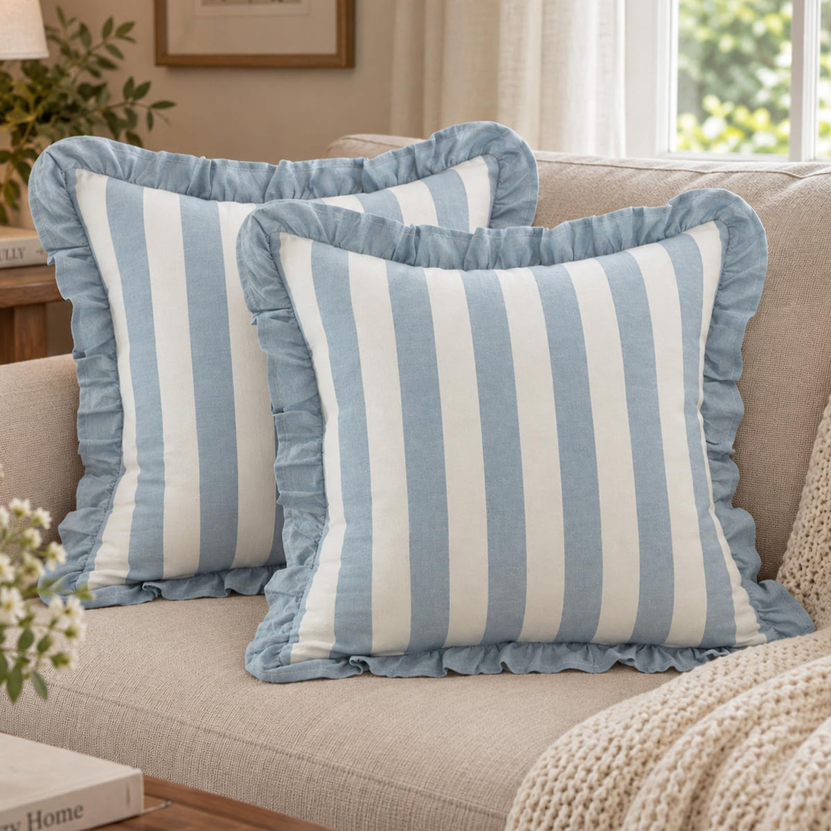 Ruffled Cotton Pillow Covers - Dusty Blue Stripe