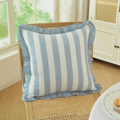 Ruffled Cotton Pillow Covers - Dusty Blue Stripe