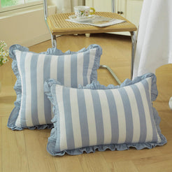 Ruffled Cotton Pillow Covers - Dusty Blue Stripe
