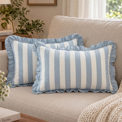 Ruffled Cotton Pillow Covers - Dusty Blue Stripe