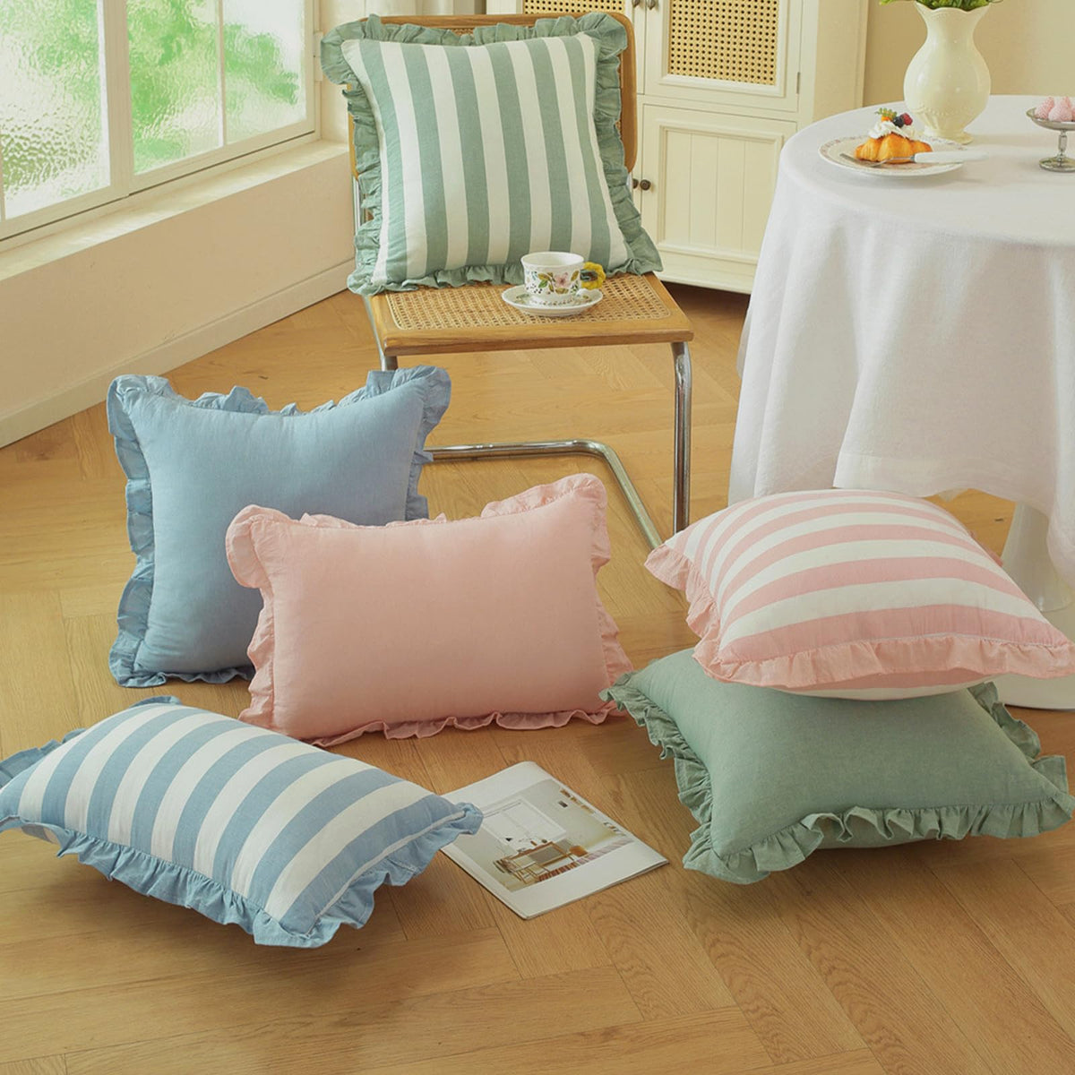 Ruffled Cotton Pillow Covers - Dusty Blue Stripe
