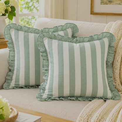 Ruffled Cotton Pillow Covers - Sage Green Stripe