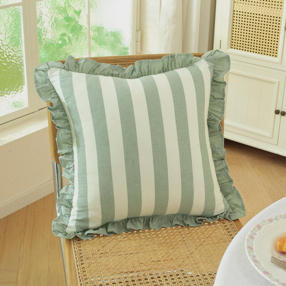 Ruffled Cotton Pillow Covers - Sage Green Stripe