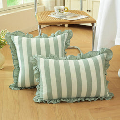 Ruffled Cotton Pillow Covers - Sage Green Stripe