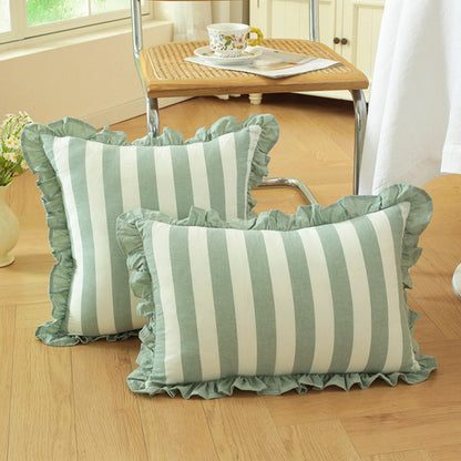 Ruffled Cotton Pillow Covers - Sage Green Stripe