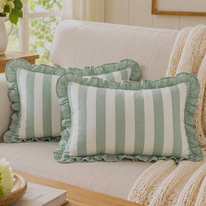 Ruffled Cotton Pillow Covers - Sage Green Stripe