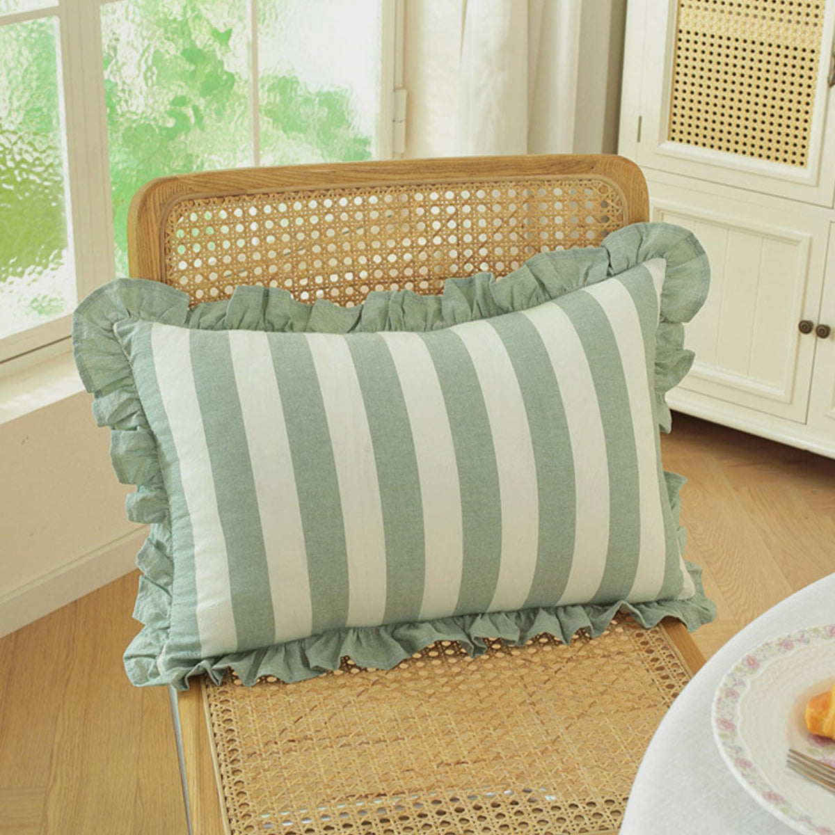 Ruffled Cotton Pillow Covers - Sage Green Stripe