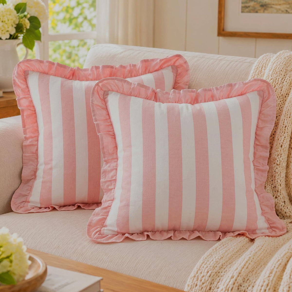 Ruffled Cotton Pillow Covers - Peach Pink Stripe