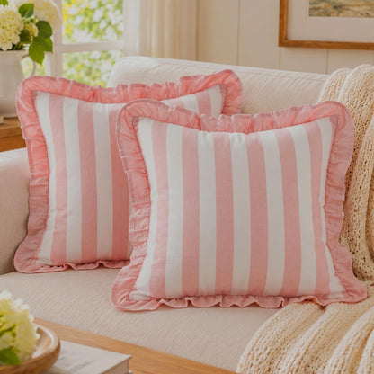 Ruffled Cotton Pillow Covers - Peach Pink Stripe