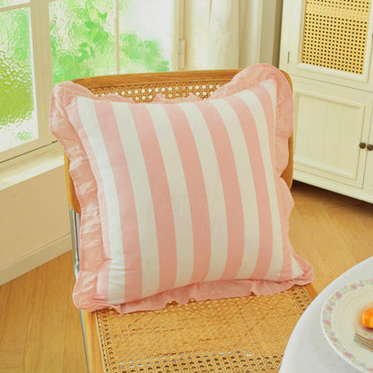Ruffled Cotton Pillow Covers - Peach Pink Stripe