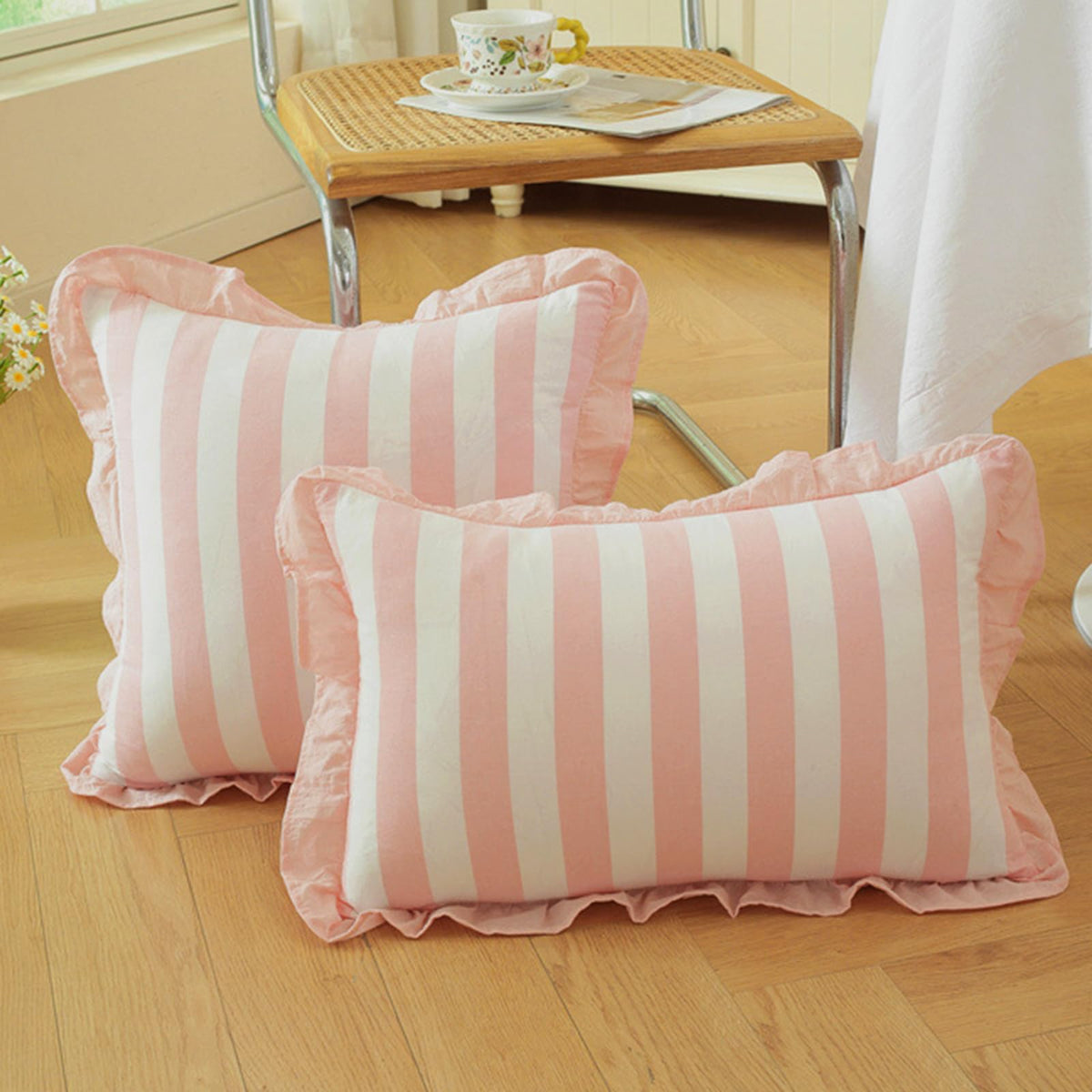 Ruffled Cotton Pillow Covers - Peach Pink Stripe