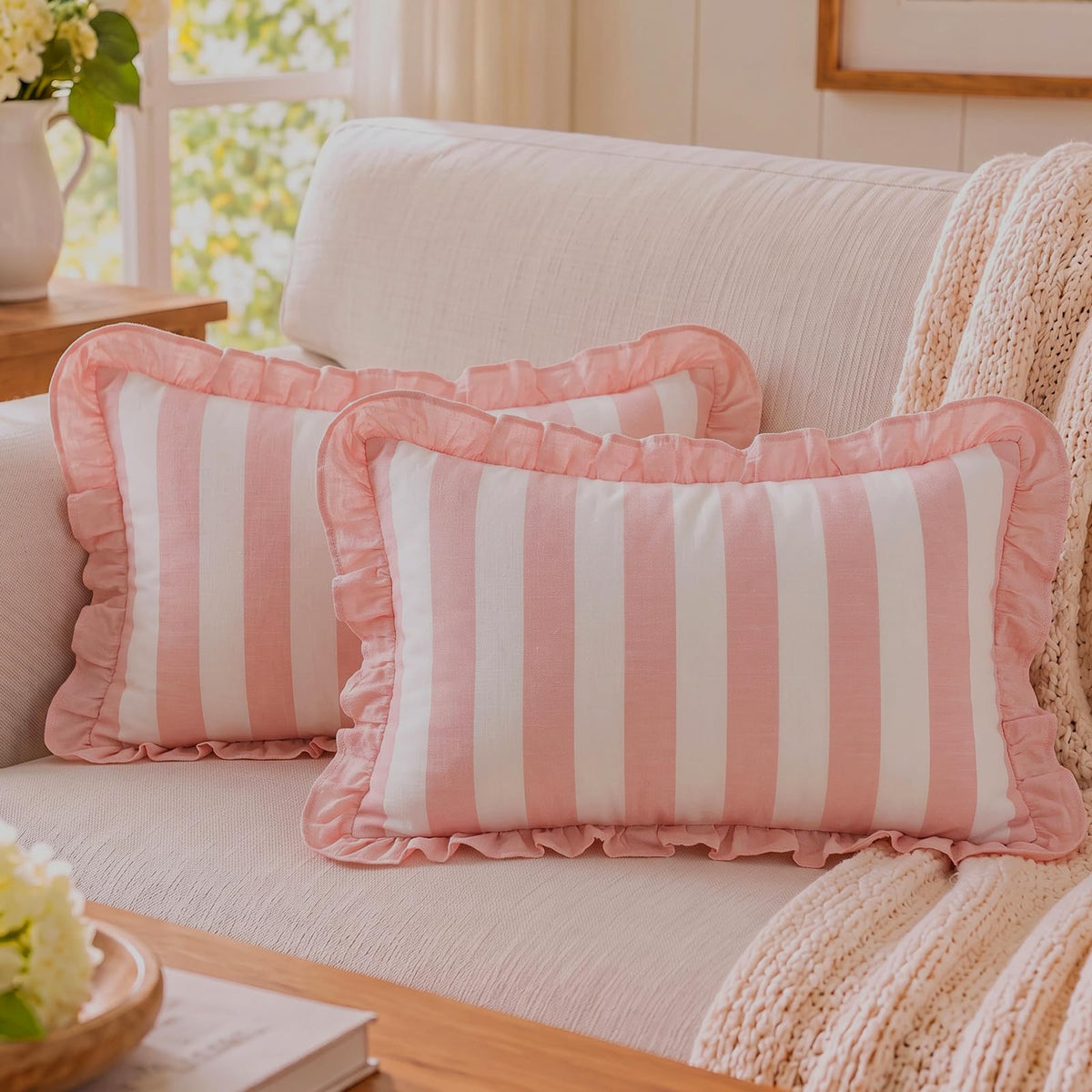 Ruffled Cotton Pillow Covers - Peach Pink Stripe