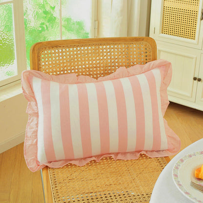 Ruffled Cotton Pillow Covers - Peach Pink Stripe