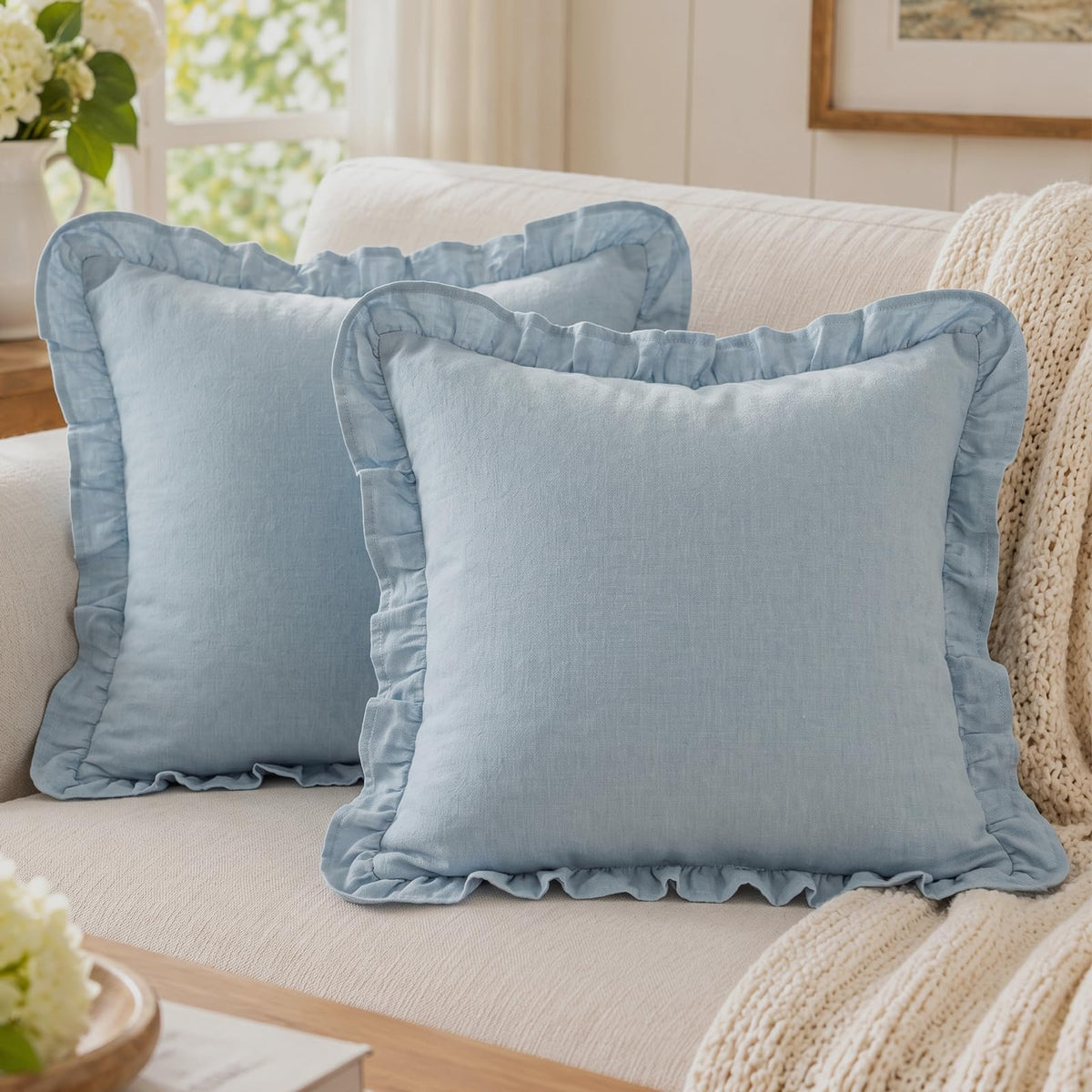 Ruffled Cotton Pillow Covers - Dusty Blue