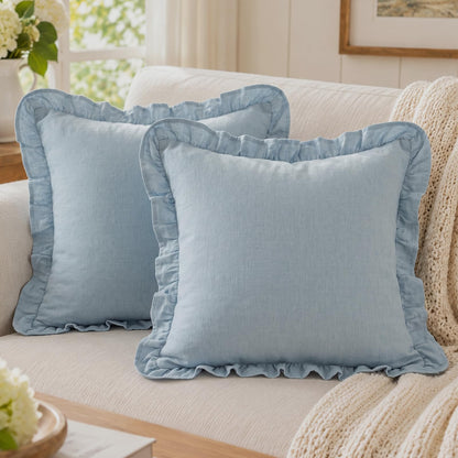 Ruffled Cotton Pillow Covers - Dusty Blue