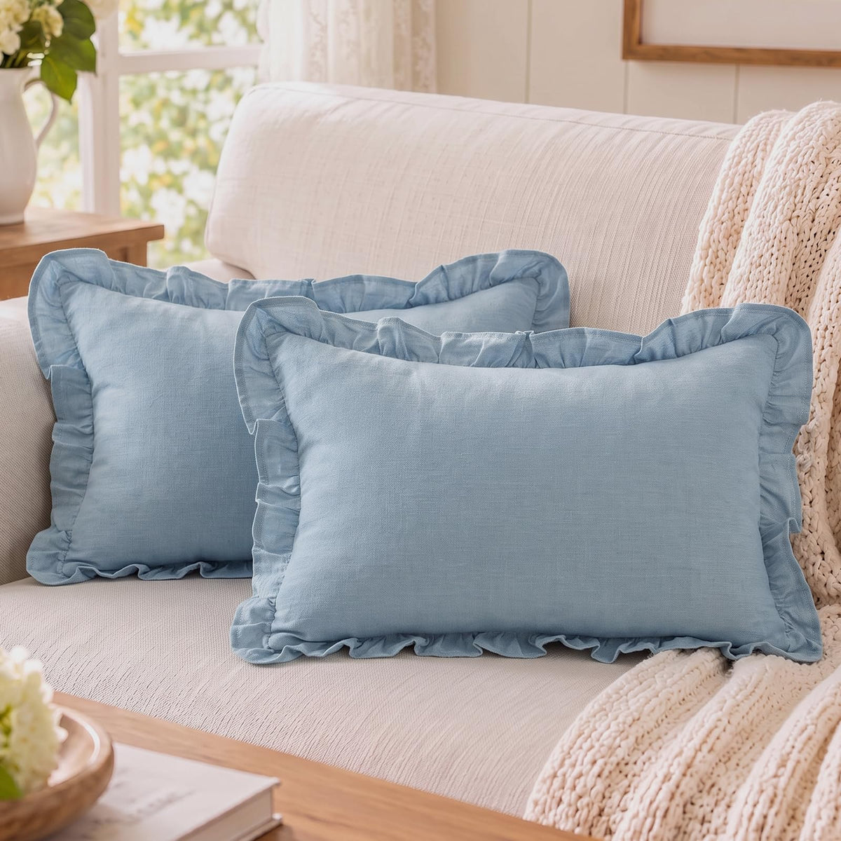 Ruffled Cotton Pillow Covers - Dusty Blue