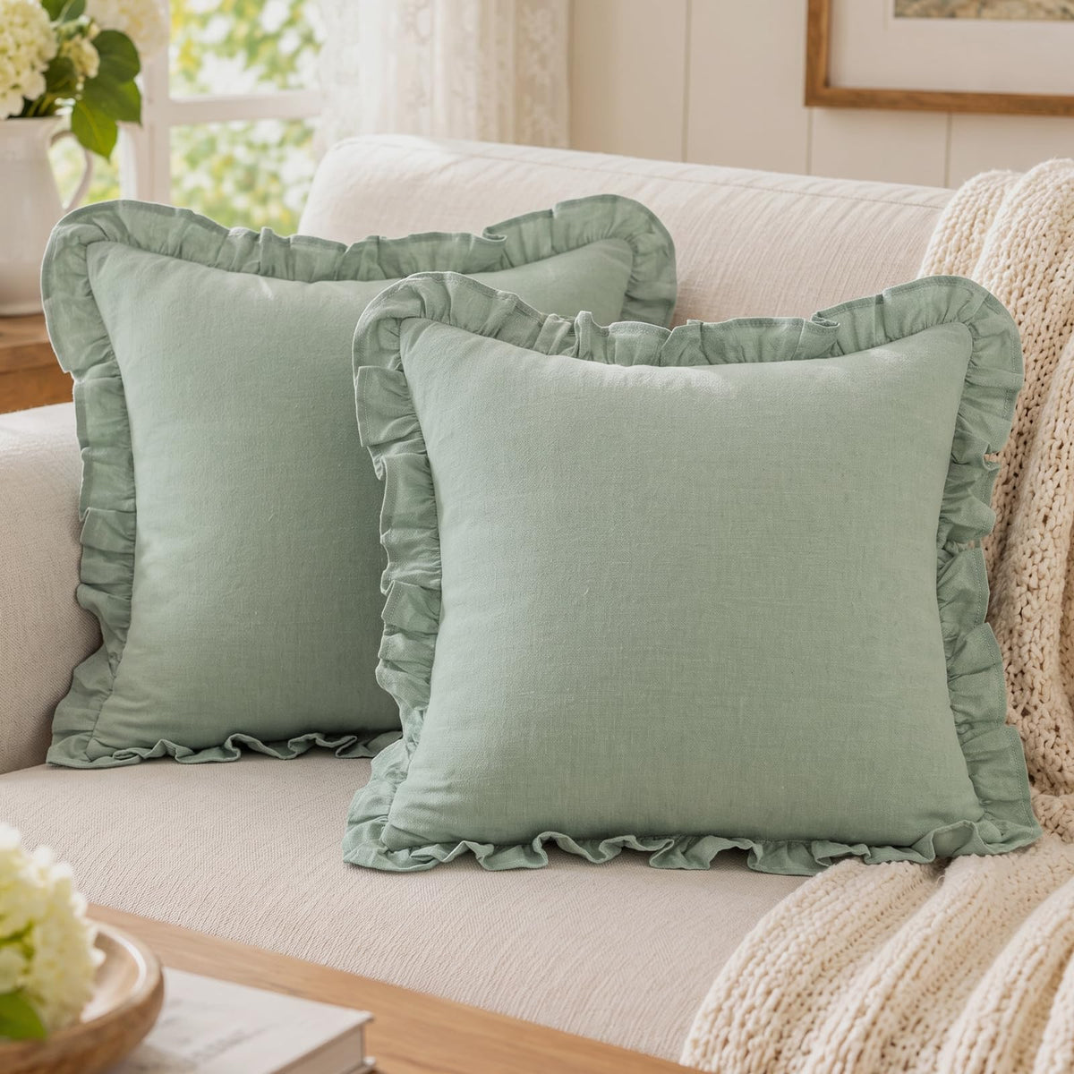 Ruffled Cotton Pillow Covers - Sage Green