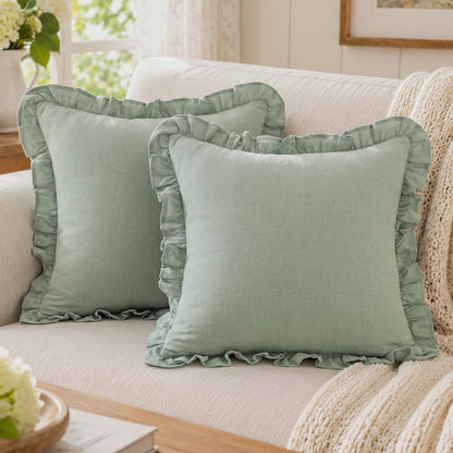 Ruffled Cotton Pillow Covers - Sage Green