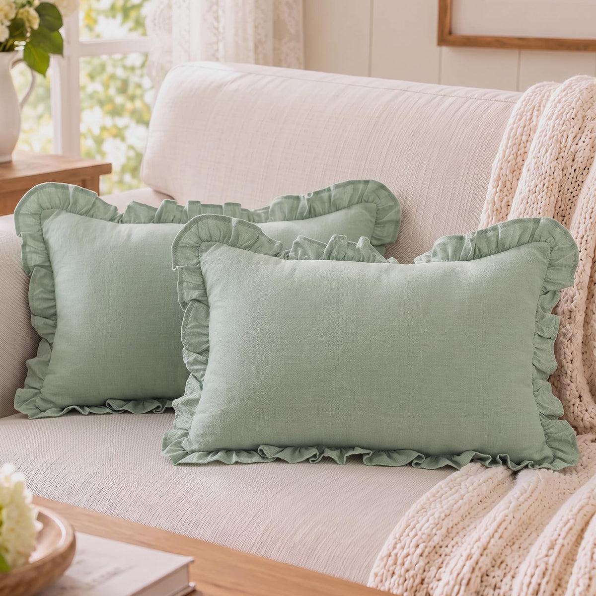 Ruffled Cotton Pillow Covers - Sage Green