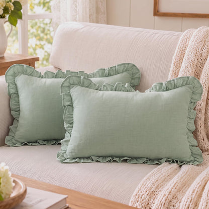 Ruffled Cotton Pillow Covers - Sage Green