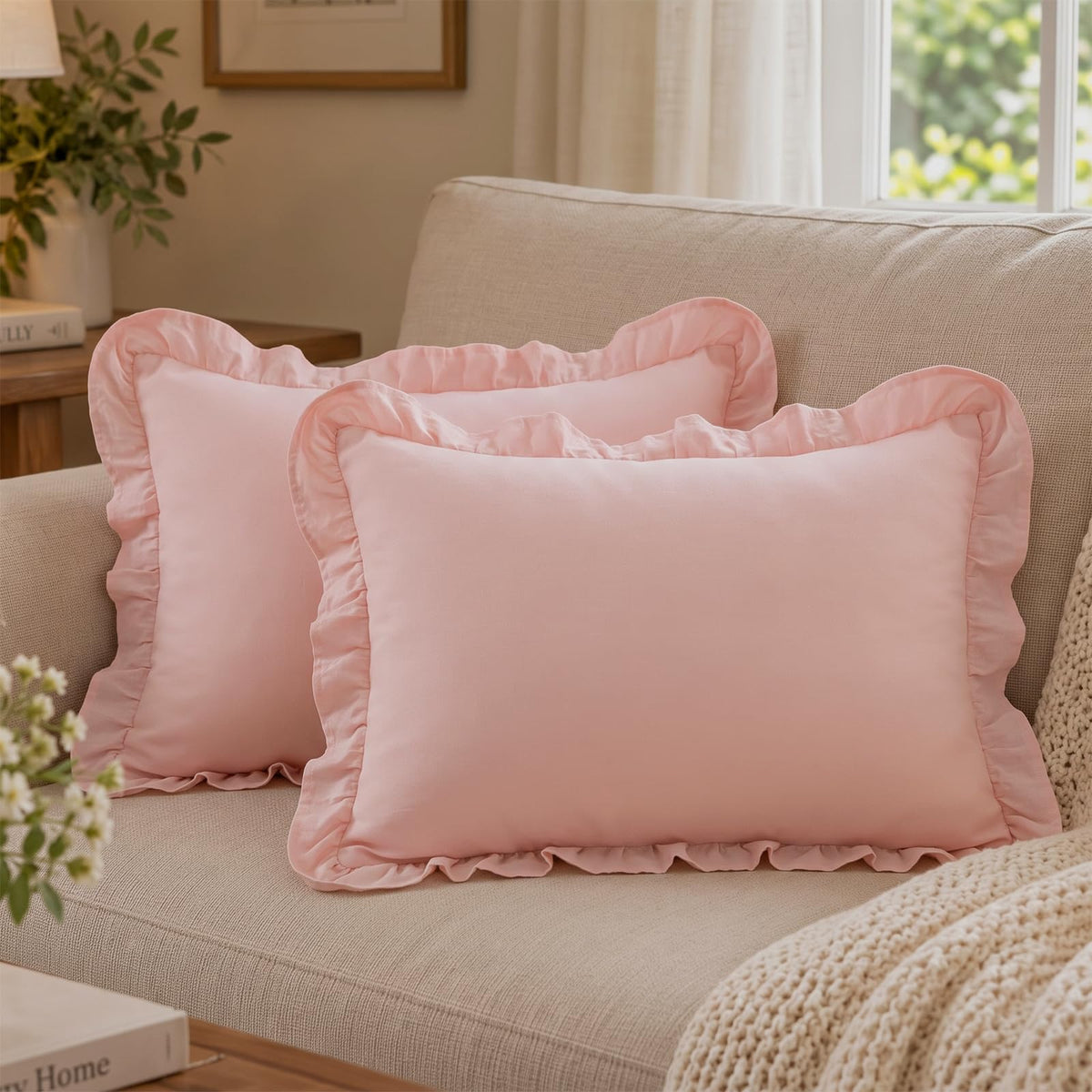 Ruffled Cotton Pillow Covers - Peach Pink