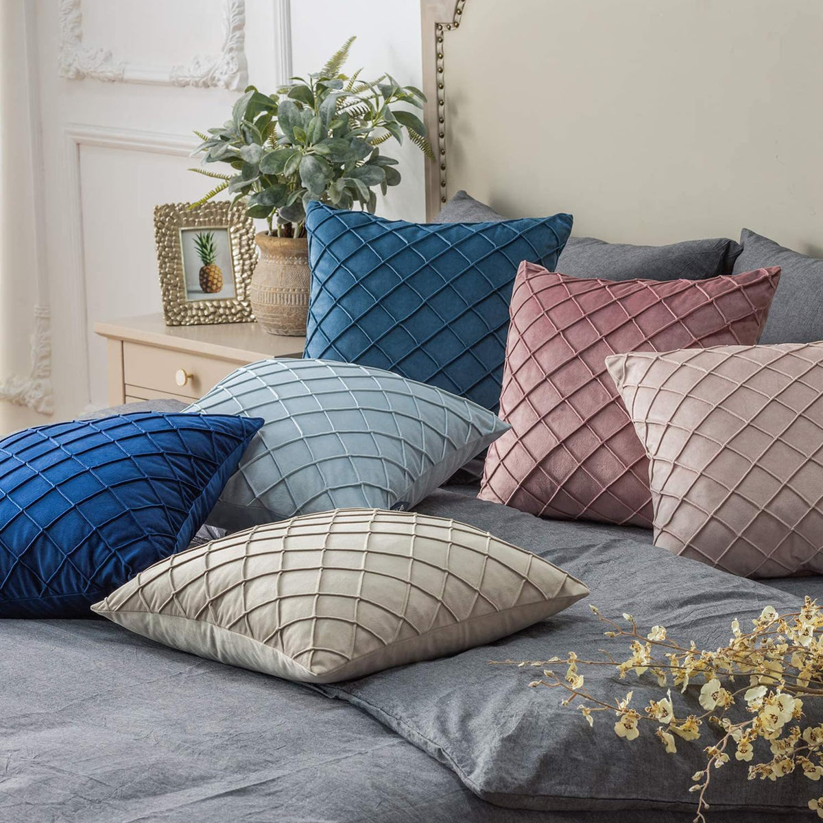 Diamond Pintuck Velvet Pillow Covers - Navy Blue
