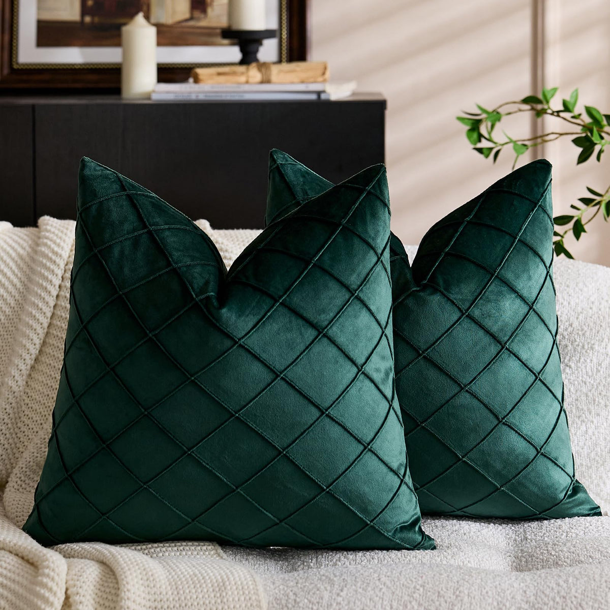 Diamond Pintuck Velvet Pillow Covers - Emerald Green