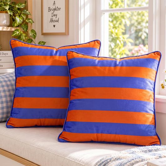 Striped and Checkered Velvet Pillow Covers - Blue Orange Stripe