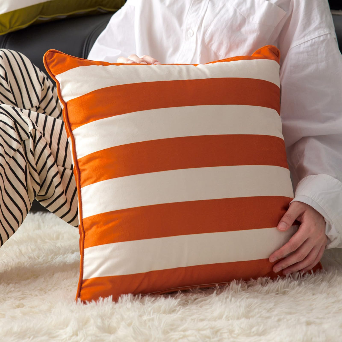 Striped and Checkered Velvet Pillow Covers - Rust Orange Stripe