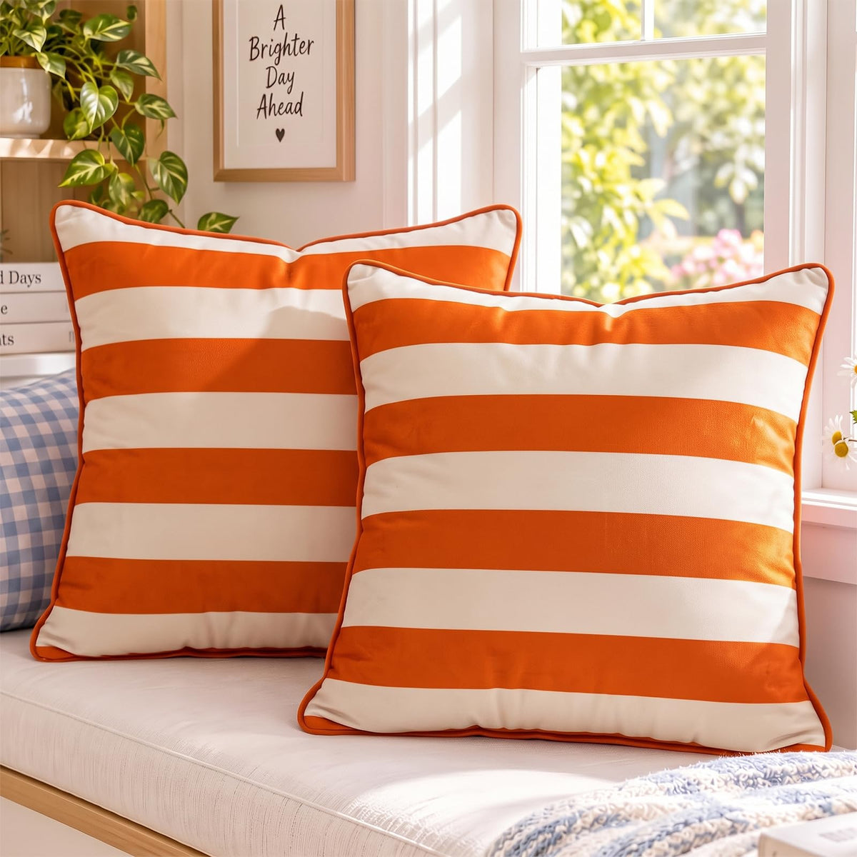 Striped and Checkered Velvet Pillow Covers - Rust Orange Stripe