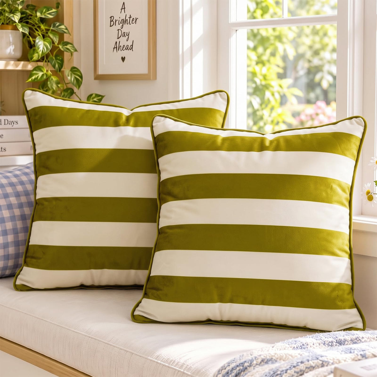Striped and Checkered Velvet Pillow Covers - Olive Green Stripe