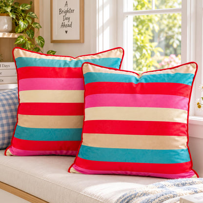 Striped and Checkered Velvet Pillow Covers - Rainbow Stripe