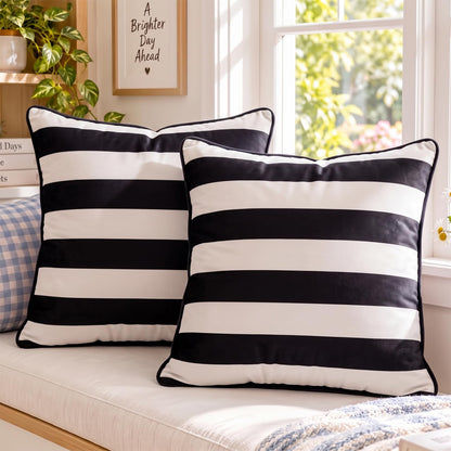 Striped and Checkered Velvet Pillow Covers - Black White Stripe
