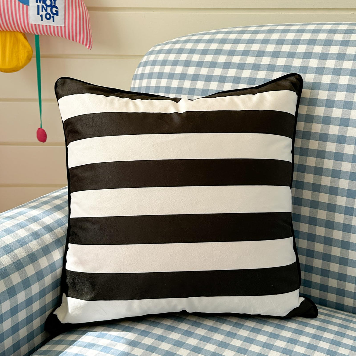 Striped and Checkered Velvet Pillow Covers - Black White Stripe