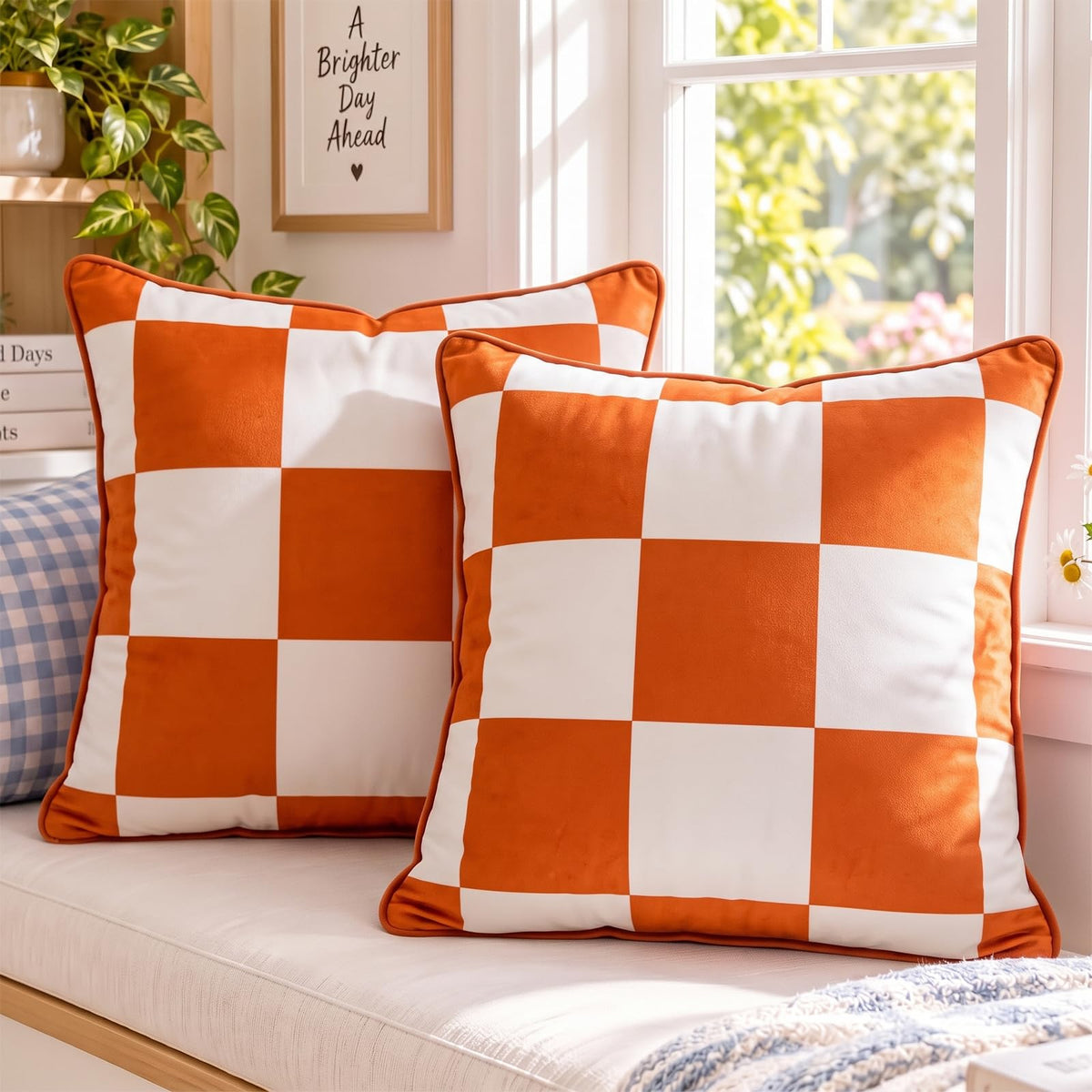 Striped and Checkered Velvet Pillow Covers - Rust Orange Check