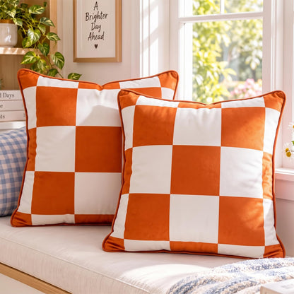 Striped and Checkered Velvet Pillow Covers - Rust Orange Check