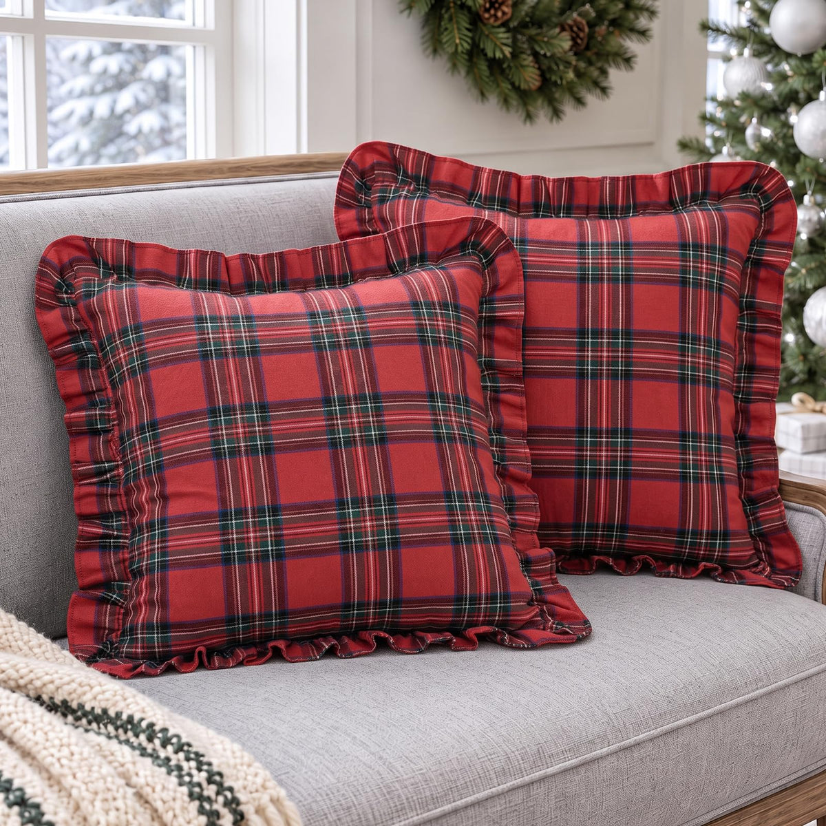 Ruffled Christmas Plaid Pillow Covers - Red Green Plaid