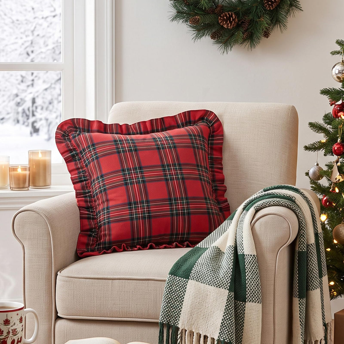 Ruffled Christmas Plaid Pillow Covers - Red Green Plaid