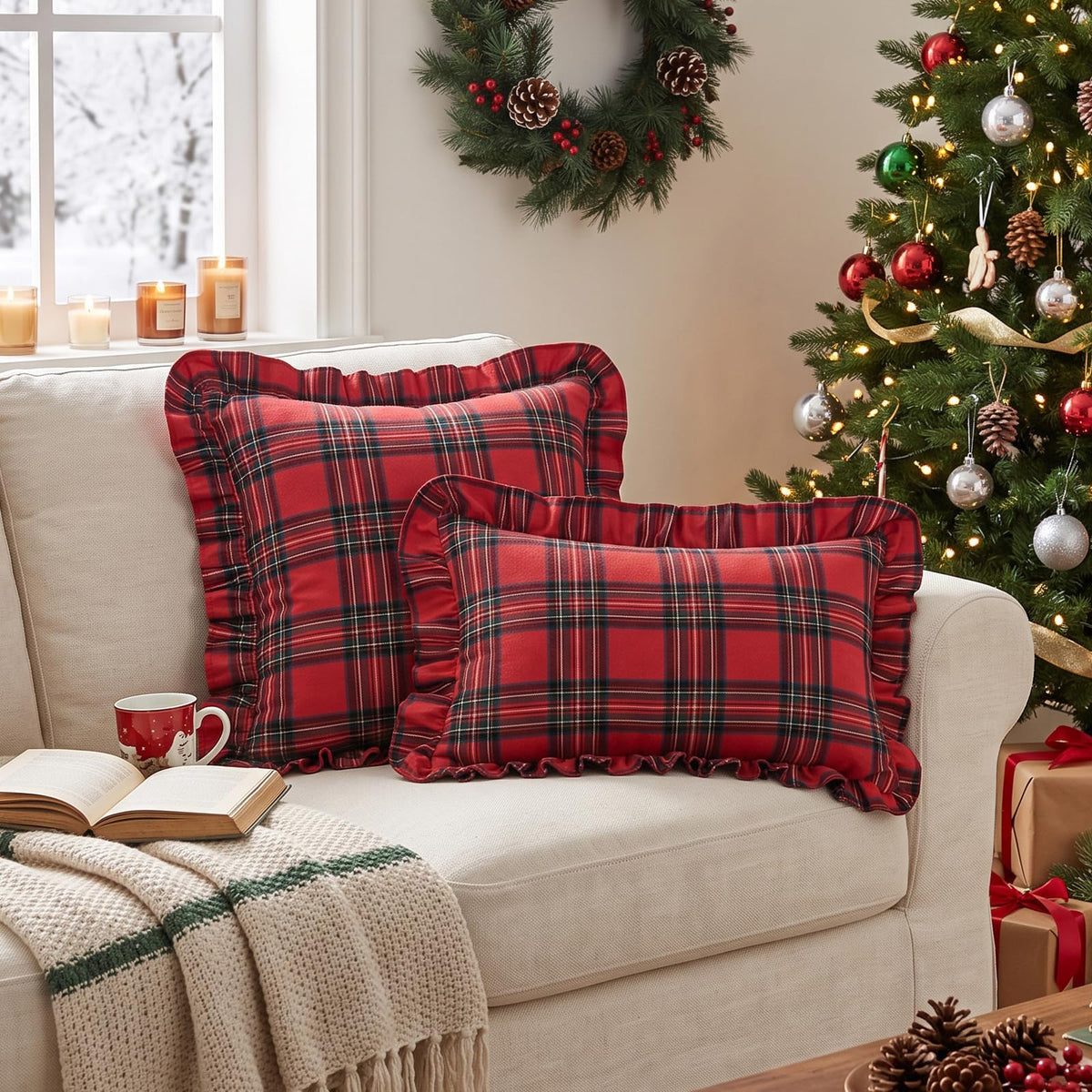 Ruffled Christmas Plaid Pillow Covers - Red Green Plaid
